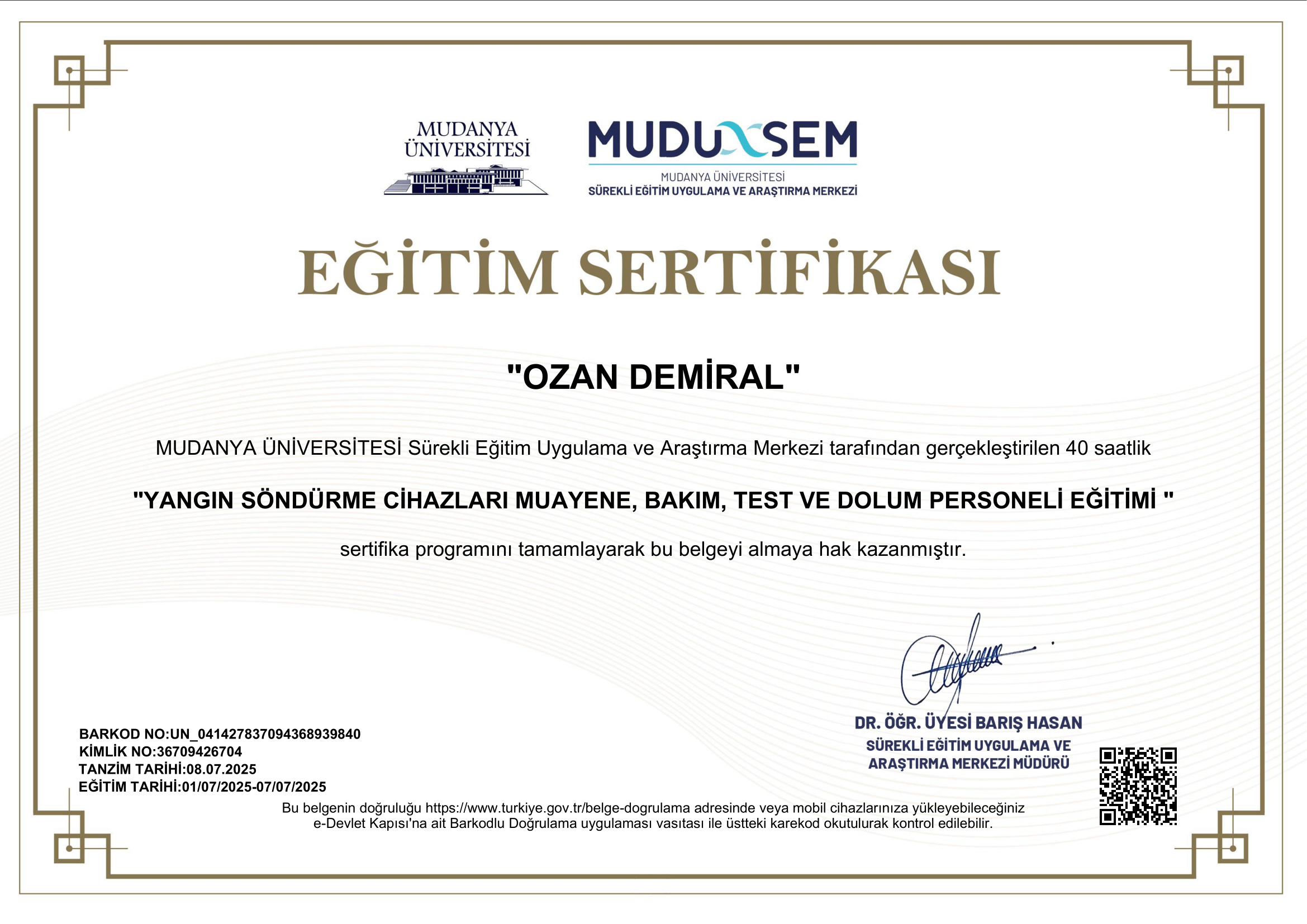 Dolum Bakım Sertifikası - Ozan Demiral